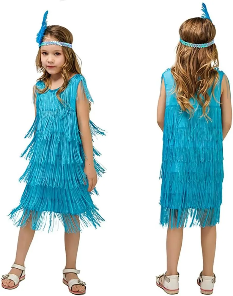 20s Flapper Dresses for Girls Salsa Latin Dance Dress 1920s Gatsby Tassel Fringe Flapper Dress   Feather Headband Dancewear