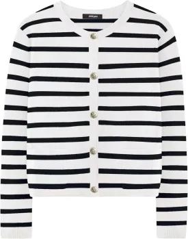 Ahtyeo Women's Casual Striped Cardigan Sweaters Long Sleeve Dressy Crew Neck Lady Jacket with Patch Pockets