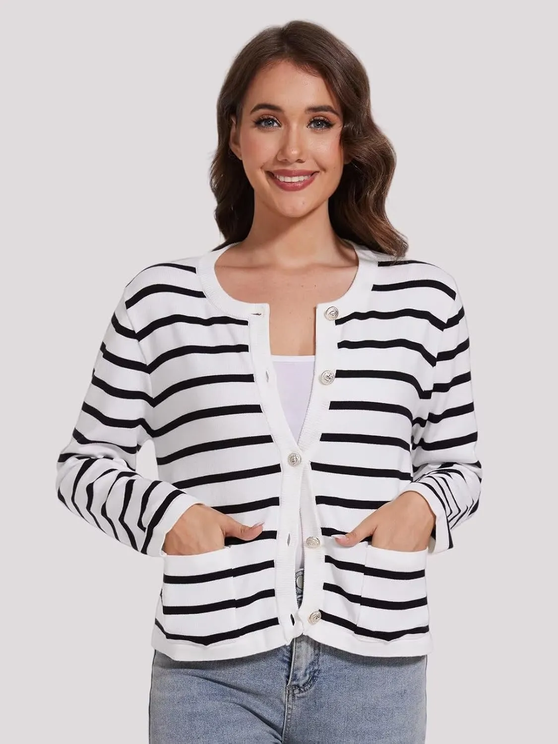 Ahtyeo Women's Casual Striped Cardigan Sweaters Long Sleeve Dressy Crew Neck Lady Jacket with Patch Pockets
