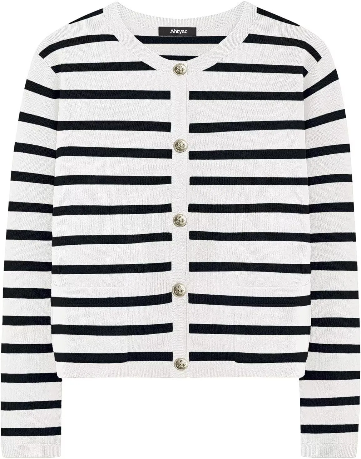 Ahtyeo Women's Casual Striped Cardigan Sweaters Long Sleeve Dressy Crew Neck Lady Jacket with Patch Pockets