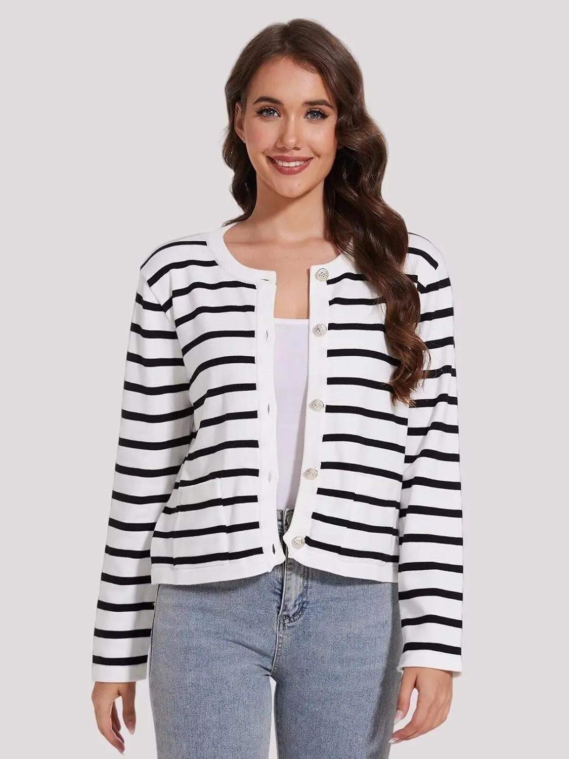 Ahtyeo Women's Casual Striped Cardigan Sweaters Long Sleeve Dressy Crew Neck Lady Jacket with Patch Pockets