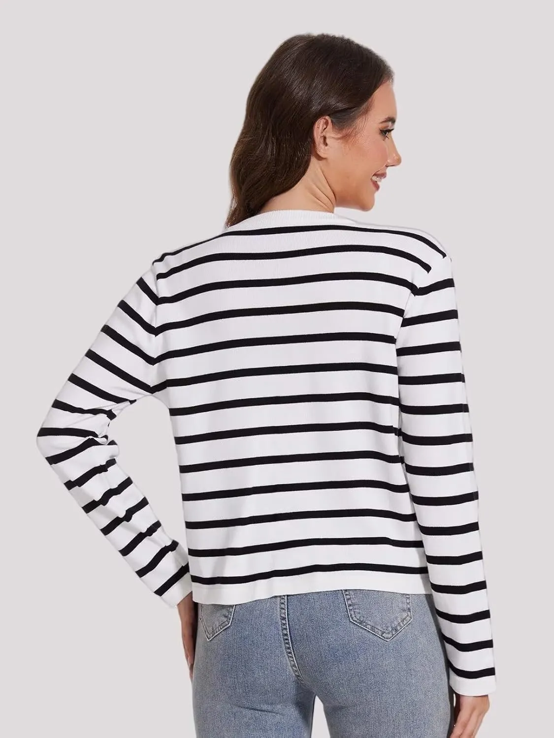Ahtyeo Women's Casual Striped Cardigan Sweaters Long Sleeve Dressy Crew Neck Lady Jacket with Patch Pockets