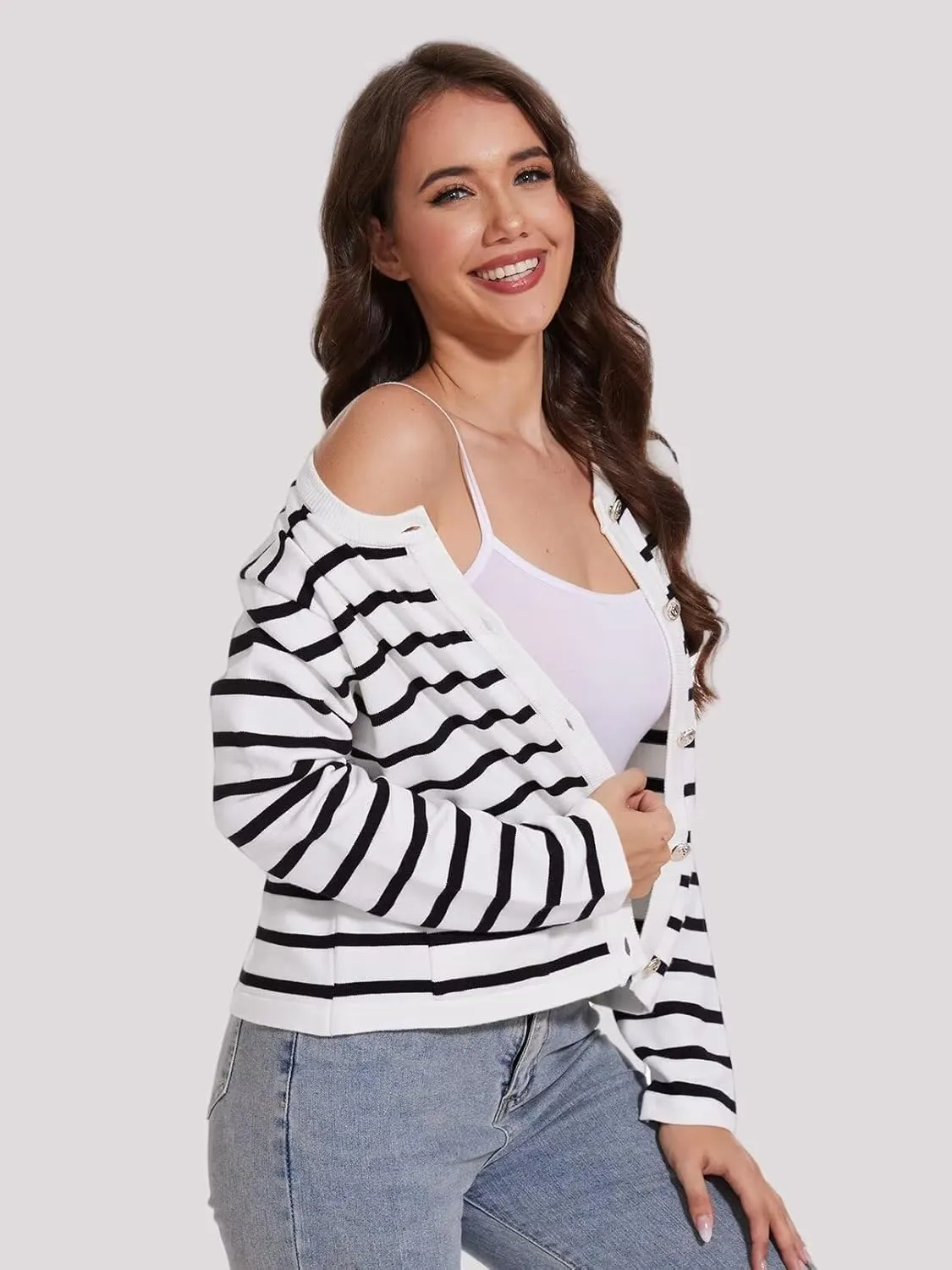 Ahtyeo Women's Casual Striped Cardigan Sweaters Long Sleeve Dressy Crew Neck Lady Jacket with Patch Pockets