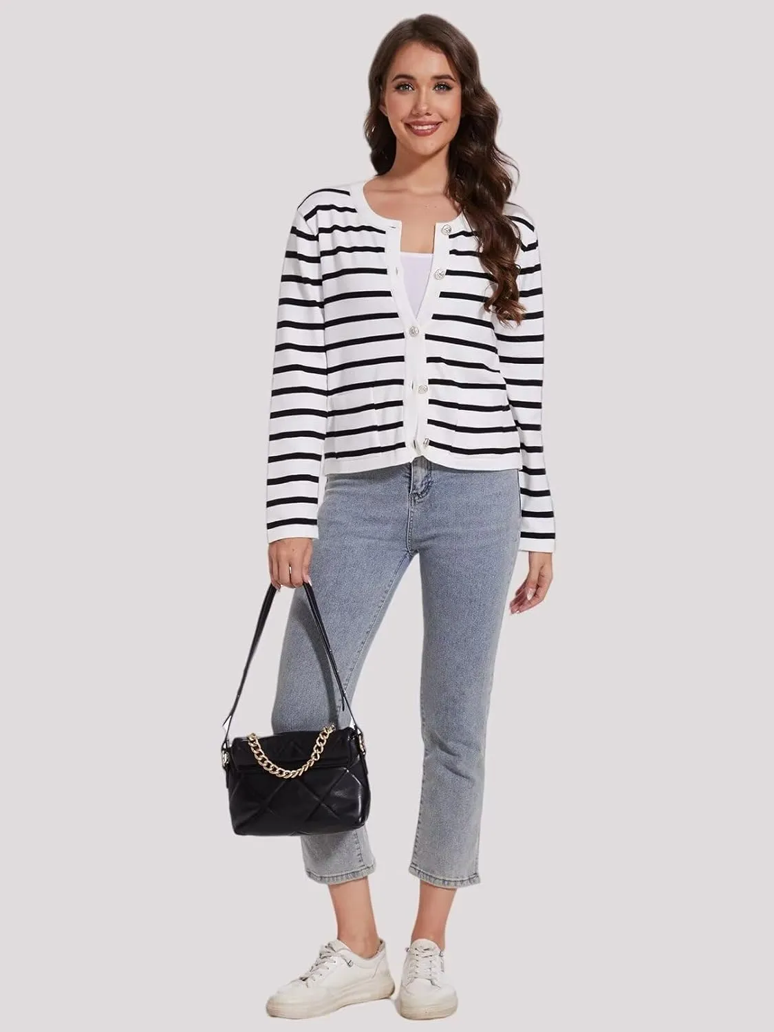 Ahtyeo Women's Casual Striped Cardigan Sweaters Long Sleeve Dressy Crew Neck Lady Jacket with Patch Pockets