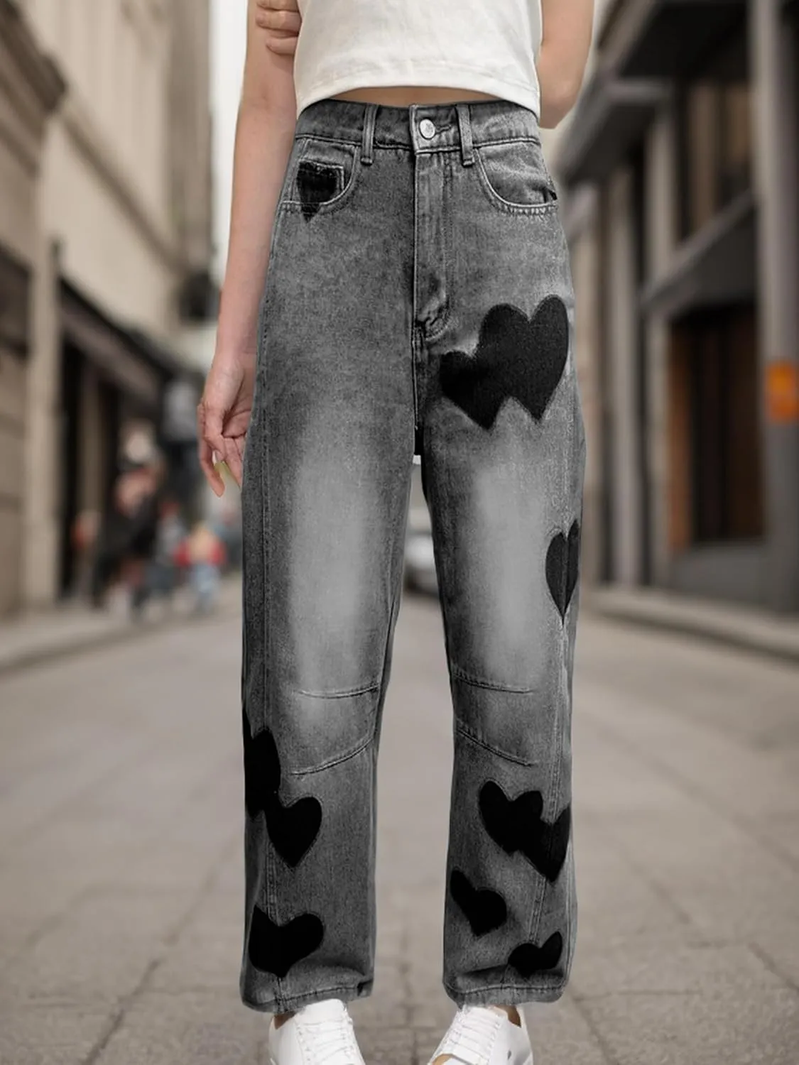 Baggy Jeans for Women Teen Girls High Waist Straight Ankle Leg Heart Print Y2K Boyfriend Jeans Trendy Loose 90s Mom Jeans
