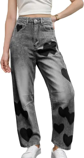 Baggy Jeans for Women Teen Girls High Waist Straight Ankle Leg Heart Print Y2K Boyfriend Jeans Trendy Loose 90s Mom Jeans