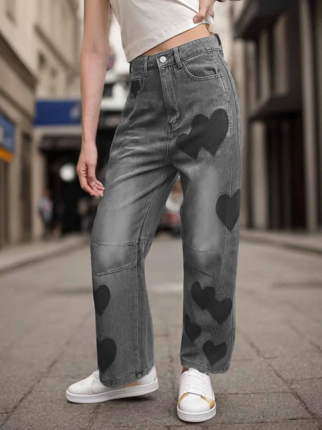 Baggy Jeans for Women Teen Girls High Waist Straight Ankle Leg Heart Print Y2K Boyfriend Jeans Trendy Loose 90s Mom Jeans