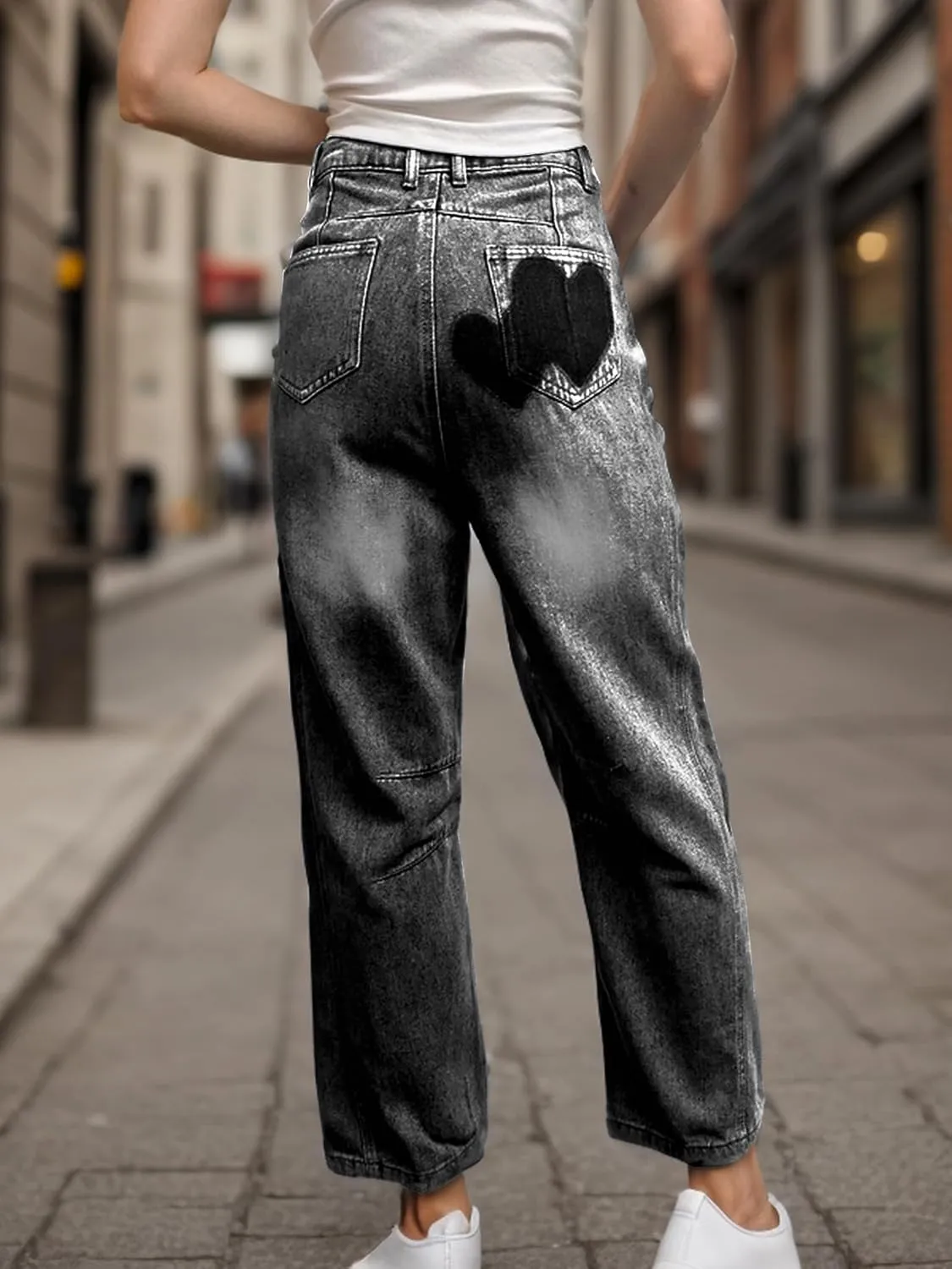 Baggy Jeans for Women Teen Girls High Waist Straight Ankle Leg Heart Print Y2K Boyfriend Jeans Trendy Loose 90s Mom Jeans