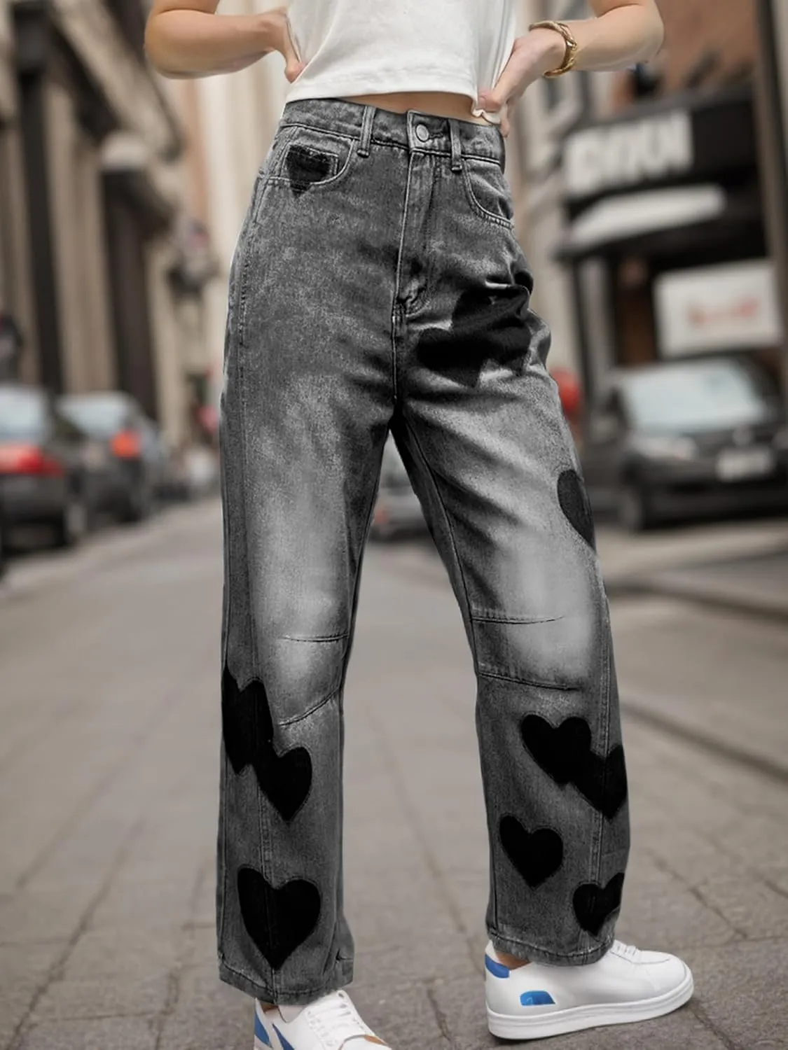 Baggy Jeans for Women Teen Girls High Waist Straight Ankle Leg Heart Print Y2K Boyfriend Jeans Trendy Loose 90s Mom Jeans