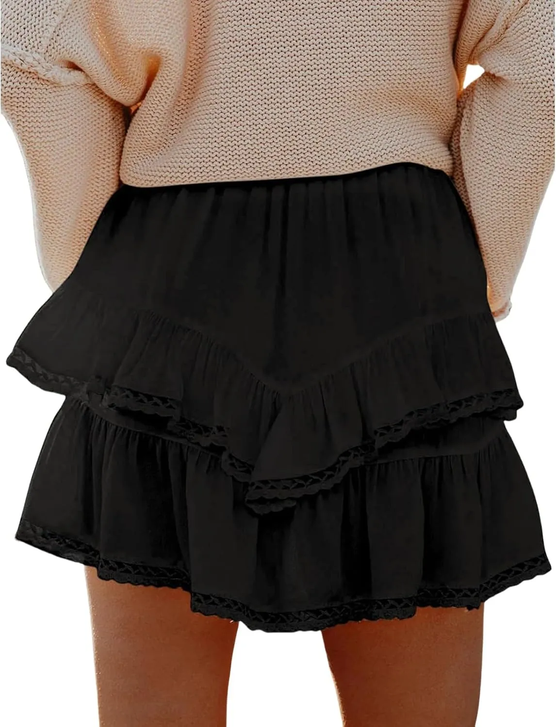 Boho Mini Skirts for Women Summer Flowy Elastic High Waist Tiered Ruffle Hem Skorts Casual Fashion Lace Beach Skirts