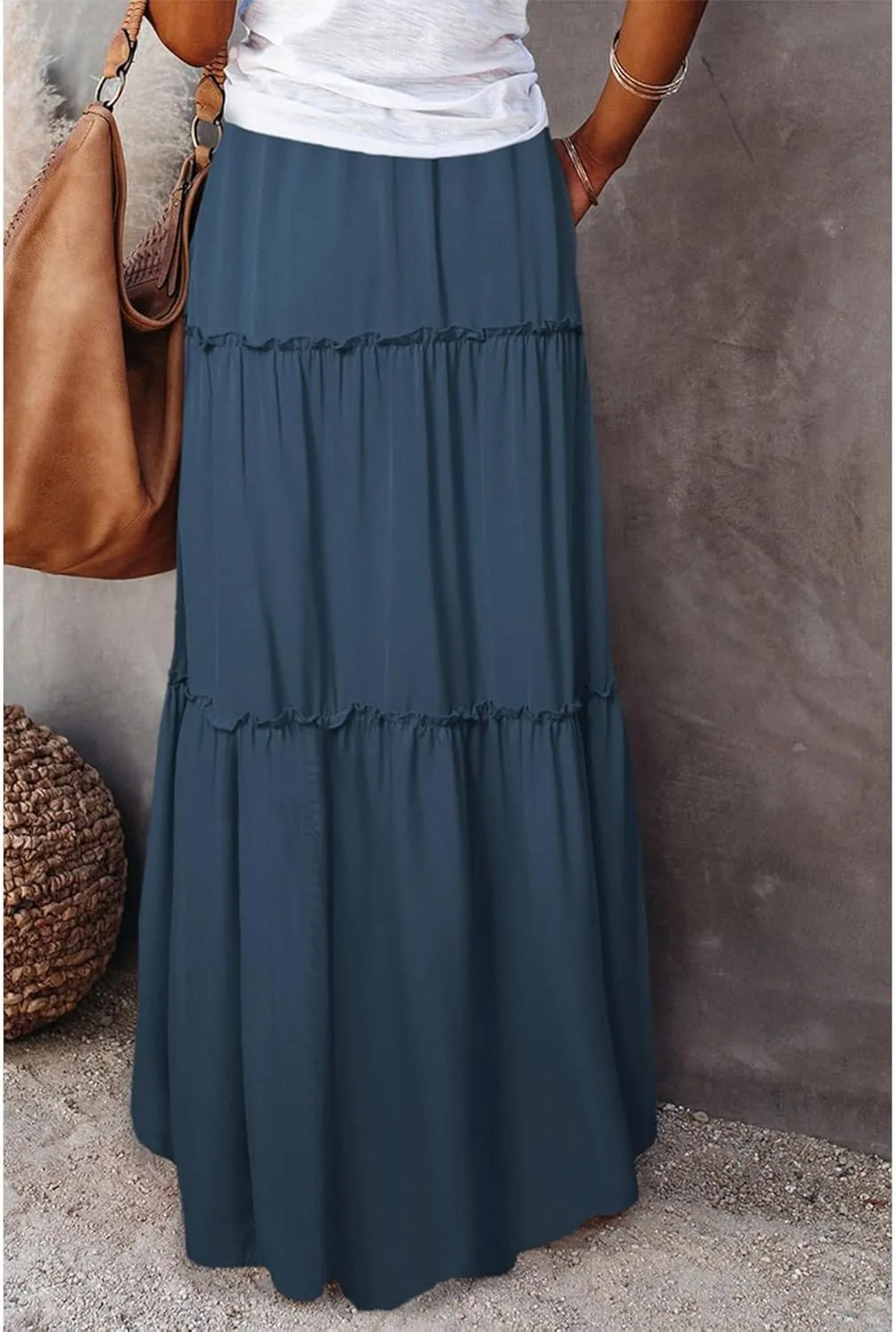 Boho Skirts for Women Summer Casual Summer Elastic High Waist A-Line Ruffle Hem Maxi Skirt Beach Long Skirt