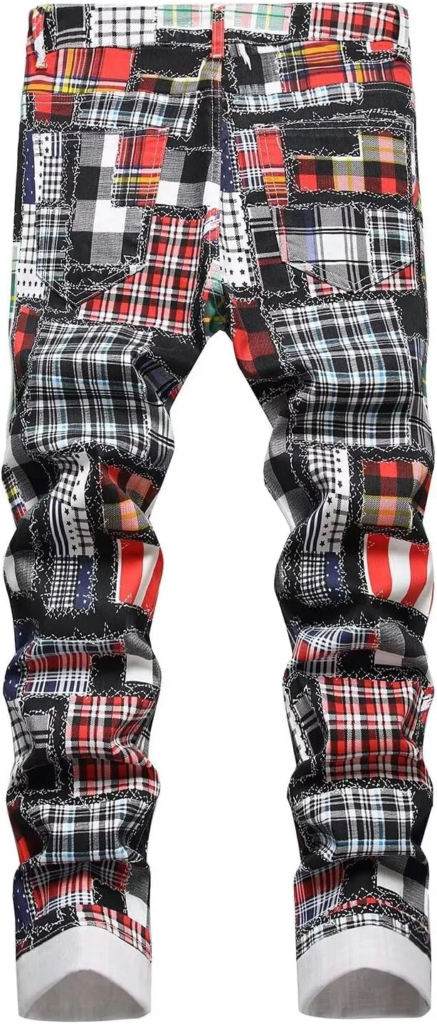 HENGAO Men's Patchwork Printed Jeans Stretch Slim Fit Skinny Jeans Casual Straight Leg Denim Pants