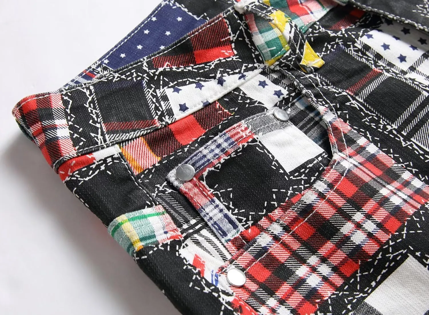 HENGAO Men's Patchwork Printed Jeans Stretch Slim Fit Skinny Jeans Casual Straight Leg Denim Pants