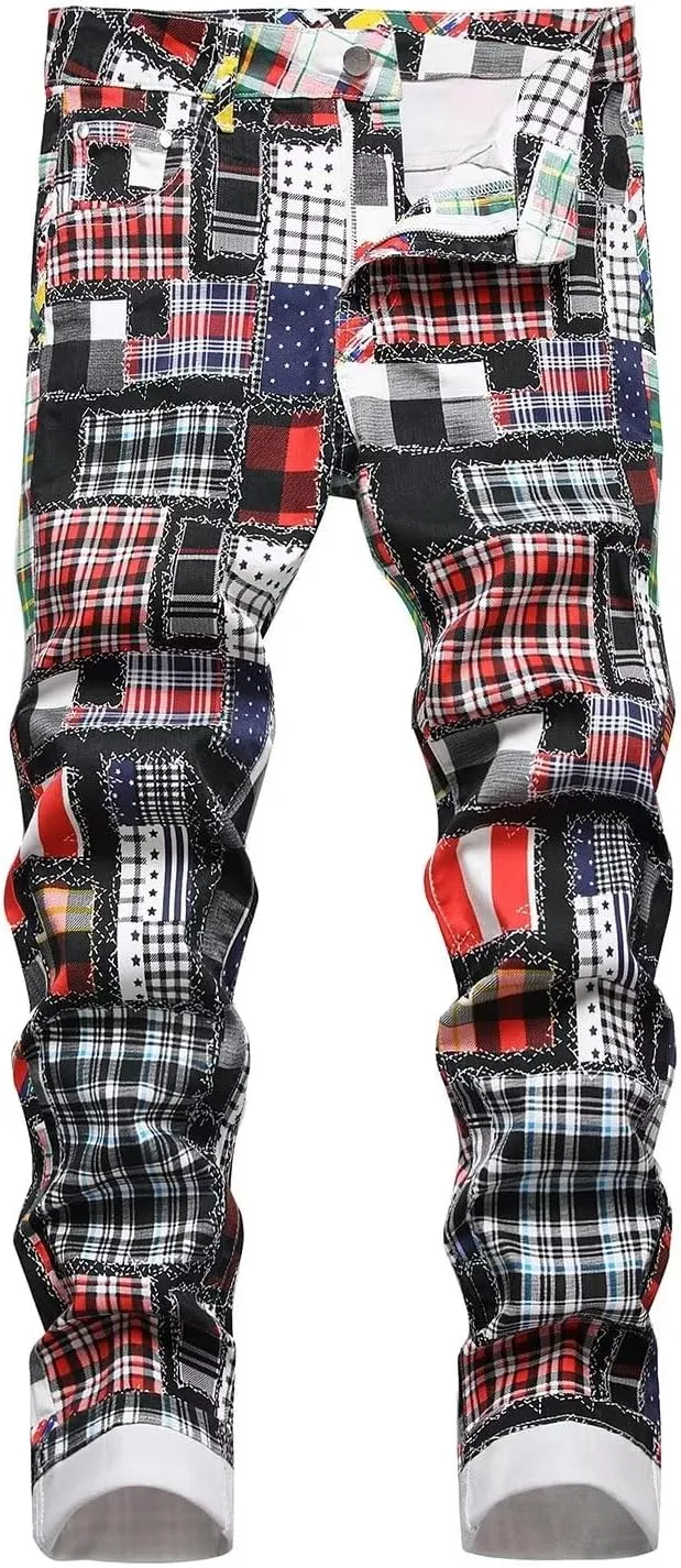 HENGAO Men's Patchwork Printed Jeans Stretch Slim Fit Skinny Jeans Casual Straight Leg Denim Pants