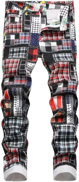 HENGAO Men's Patchwork Printed Jeans Stretch Slim Fit Skinny Jeans Casual Straight Leg Denim Pants