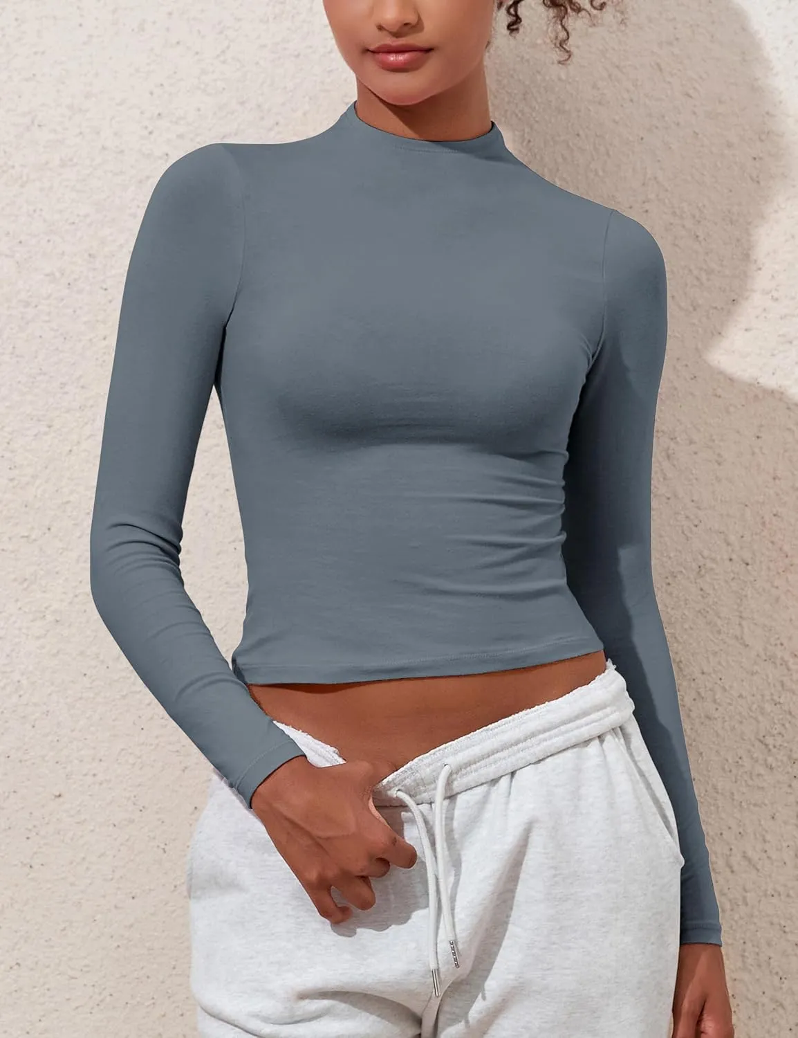 Hilor Women's Long Sleeve T Shirts Basic Cotton Mock Neck Tops Tight Fitted Going Out Crop Tops Y2K Tees Shirts