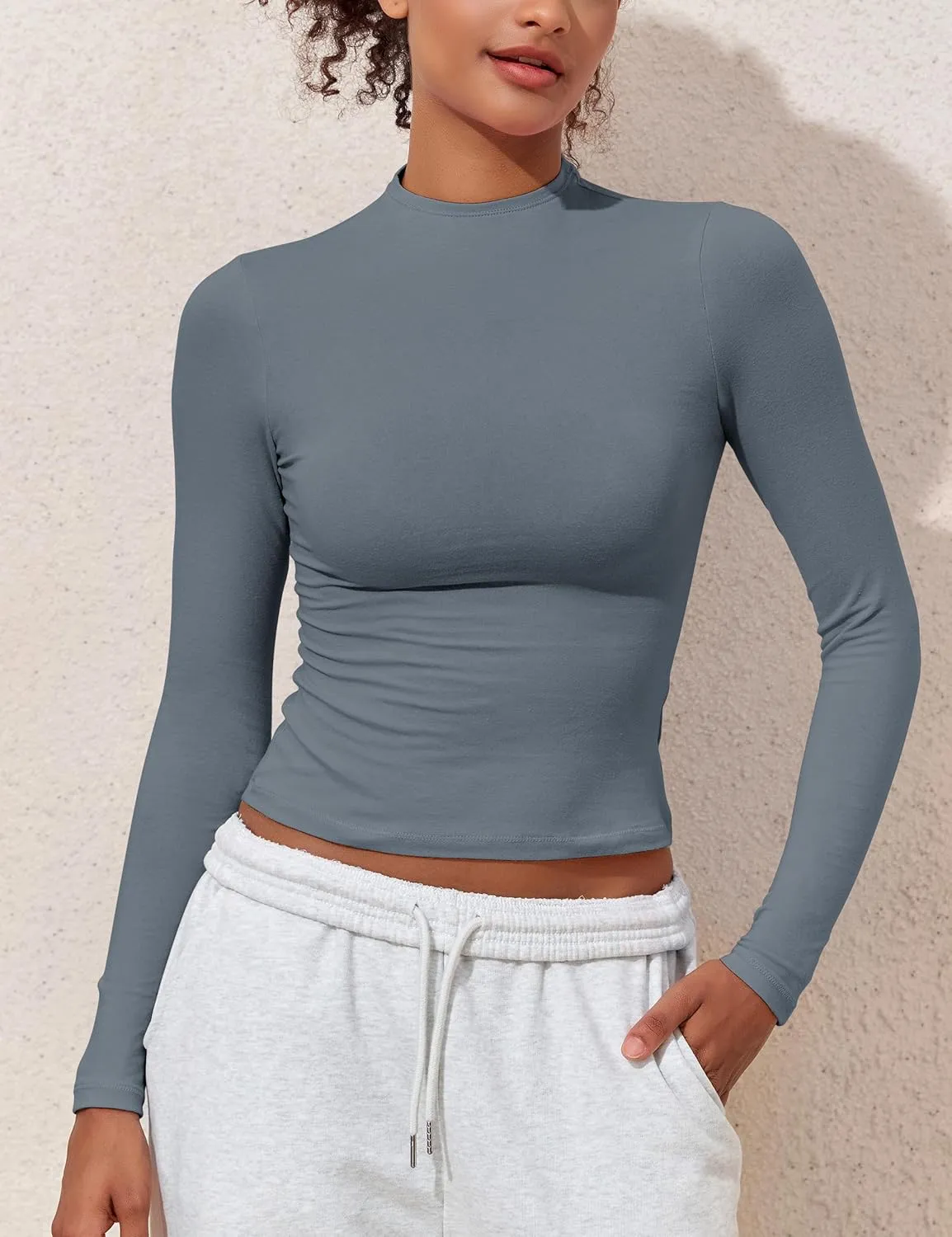 Hilor Women's Long Sleeve T Shirts Basic Cotton Mock Neck Tops Tight Fitted Going Out Crop Tops Y2K Tees Shirts