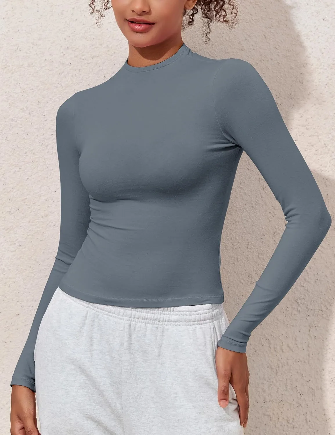 Hilor Women's Long Sleeve T Shirts Basic Cotton Mock Neck Tops Tight Fitted Going Out Crop Tops Y2K Tees Shirts