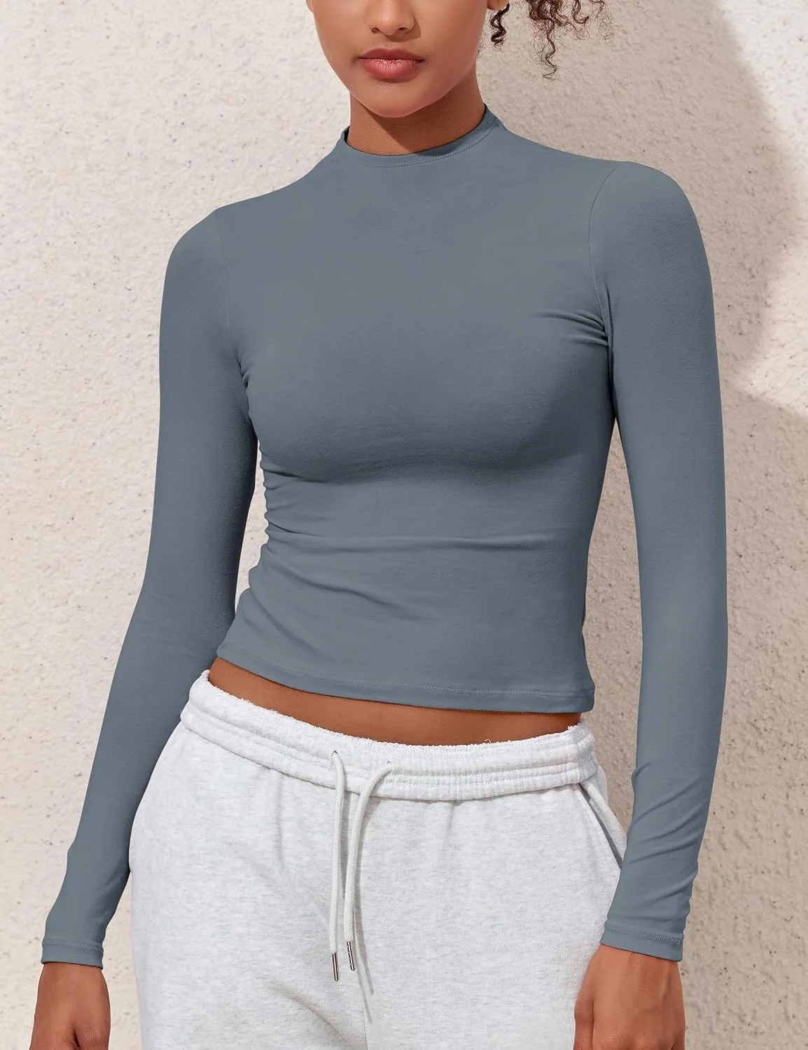 Hilor Women's Long Sleeve T Shirts Basic Cotton Mock Neck Tops Tight Fitted Going Out Crop Tops Y2K Tees Shirts