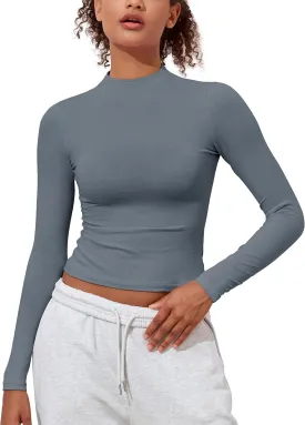 Hilor Women's Long Sleeve T Shirts Basic Cotton Mock Neck Tops Tight Fitted Going Out Crop Tops Y2K Tees Shirts