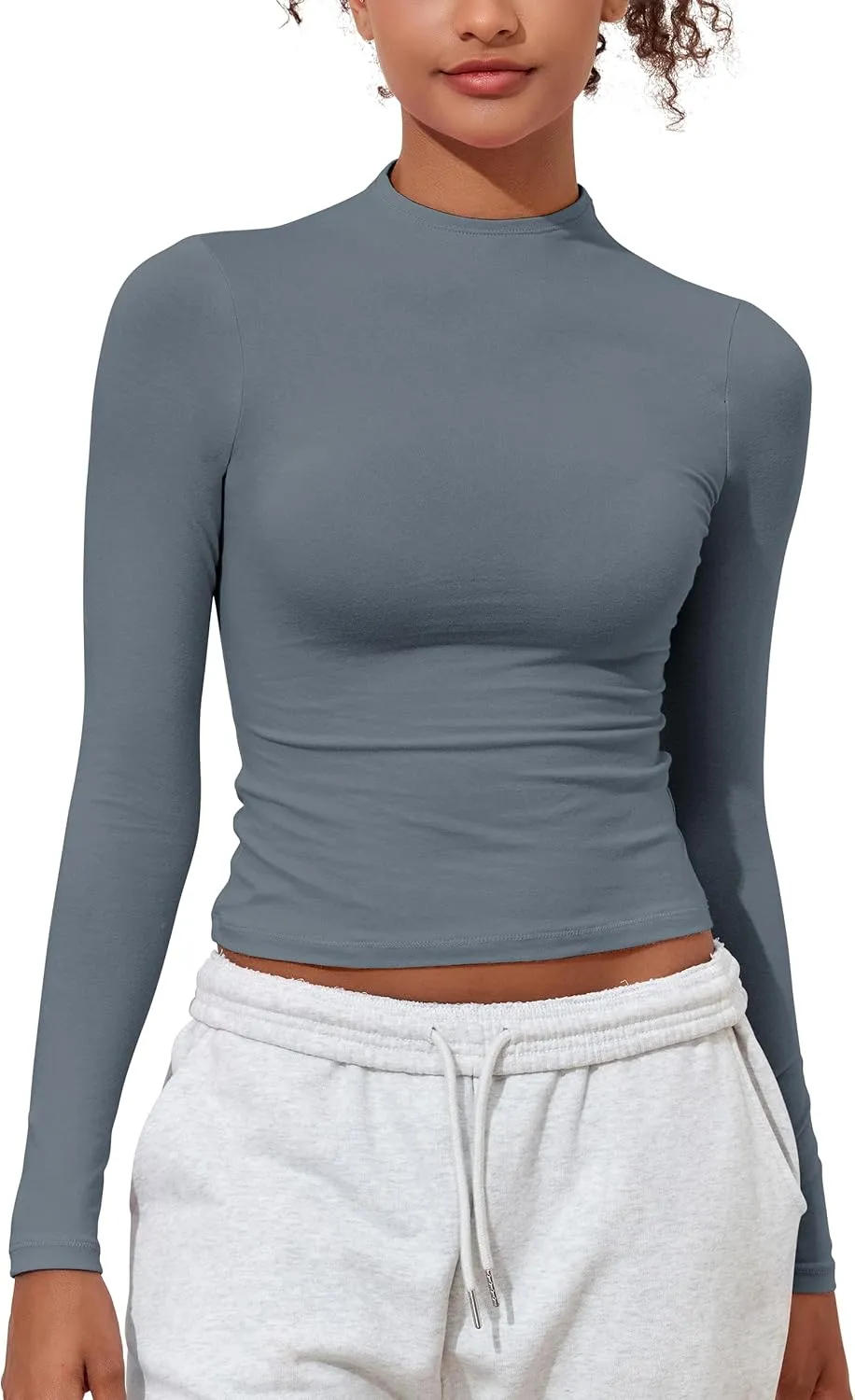 Hilor Women's Long Sleeve T Shirts Basic Cotton Mock Neck Tops Tight Fitted Going Out Crop Tops Y2K Tees Shirts