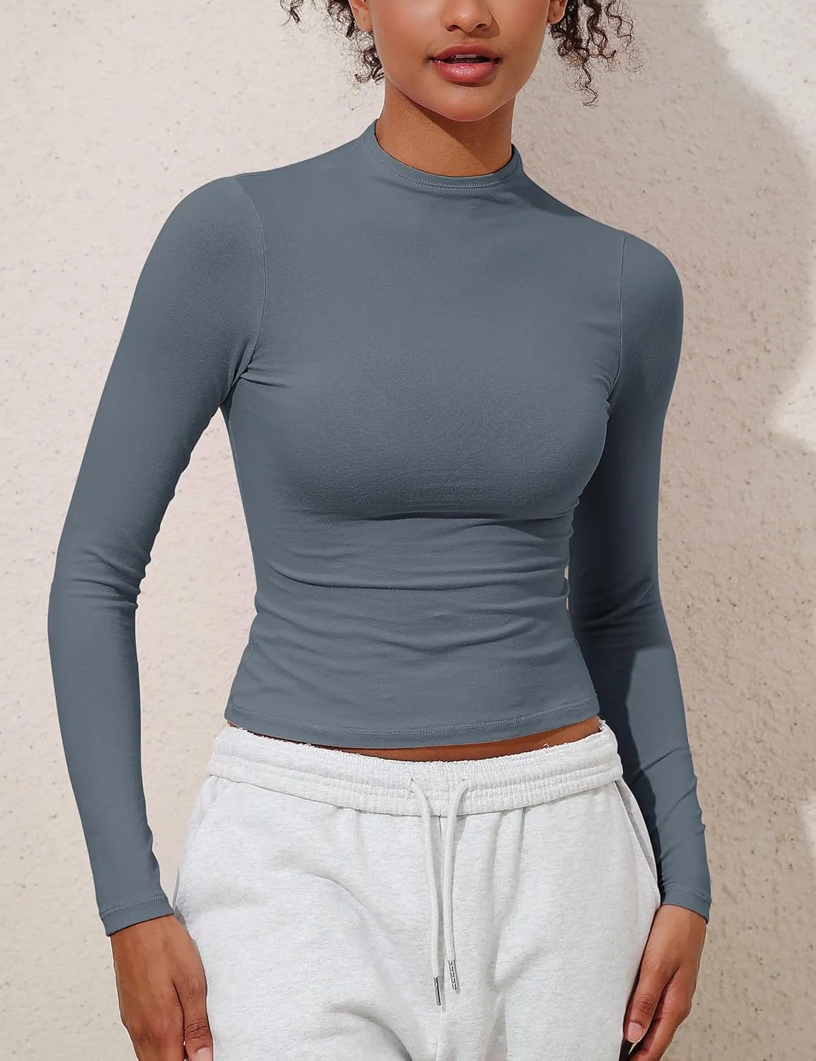 Hilor Women's Long Sleeve T Shirts Basic Cotton Mock Neck Tops Tight Fitted Going Out Crop Tops Y2K Tees Shirts