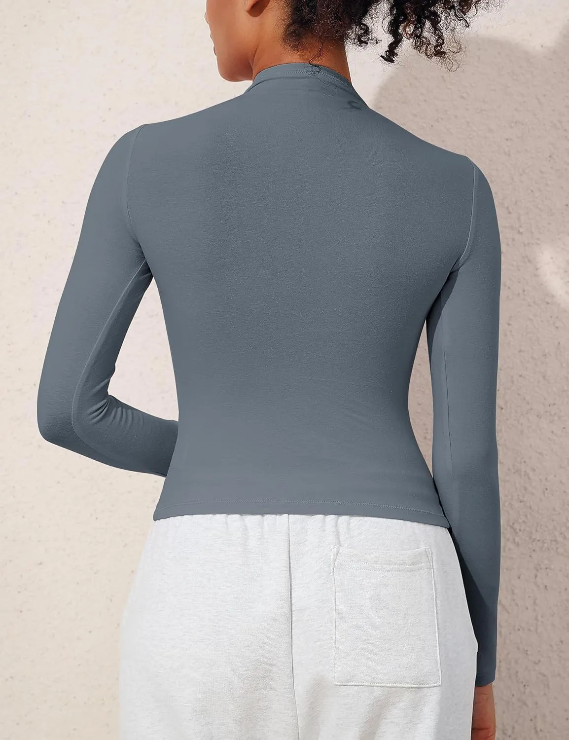 Hilor Women's Long Sleeve T Shirts Basic Cotton Mock Neck Tops Tight Fitted Going Out Crop Tops Y2K Tees Shirts