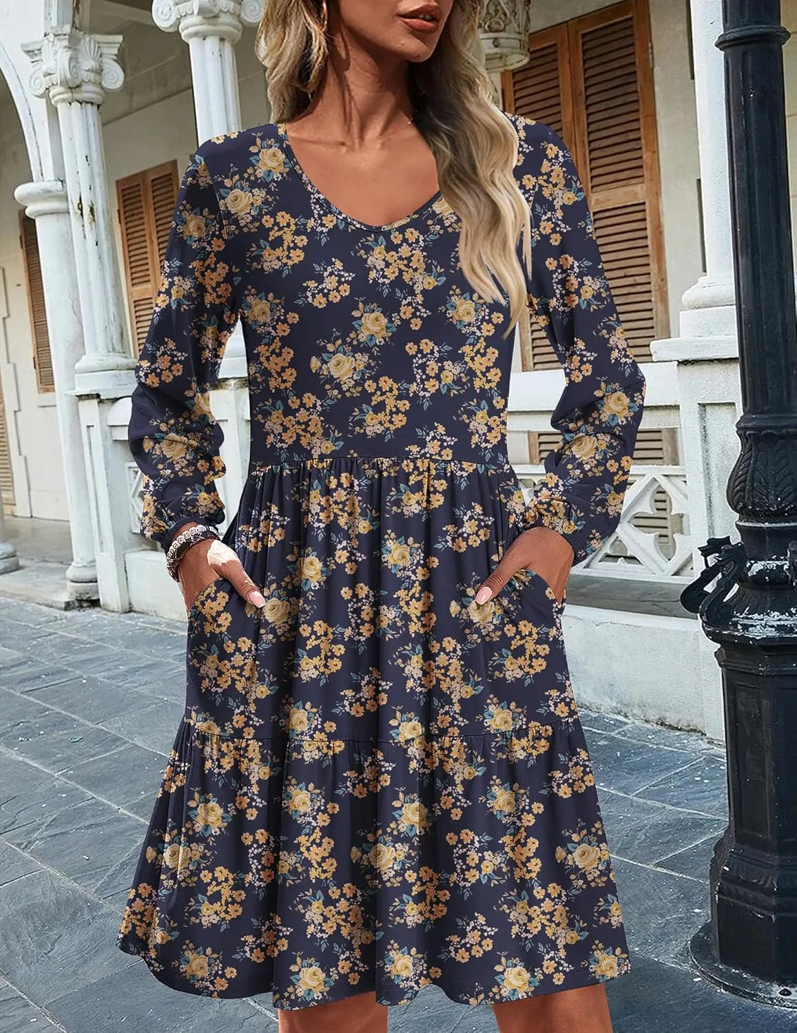 HOTOUCH Womens Casual A Line Dress V Neck Tiered Long Sleeve Fit Swing Dress with Pockets Loose Ruffled Dresses