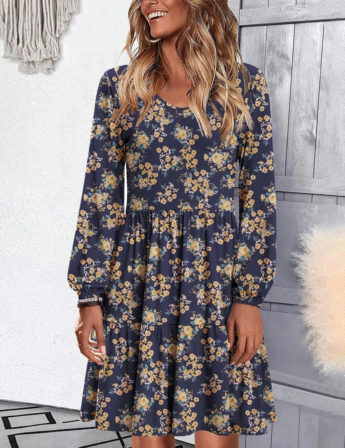 HOTOUCH Womens Casual A Line Dress V Neck Tiered Long Sleeve Fit Swing Dress with Pockets Loose Ruffled Dresses