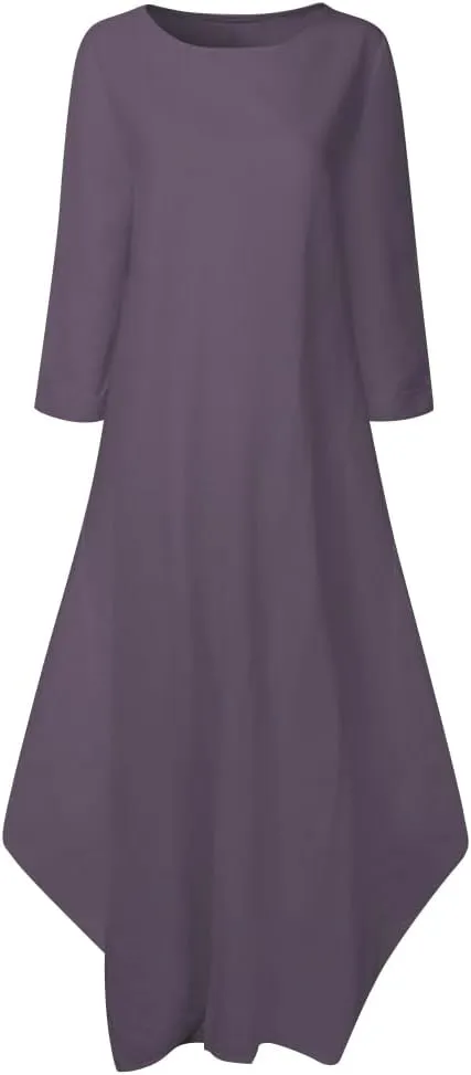 Jacansi Women's Cotton Linen Dress with Pocket Oversized Loose Dress Kaftan Dress
