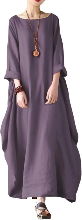 Jacansi Women's Cotton Linen Dress with Pocket Oversized Loose Dress Kaftan Dress