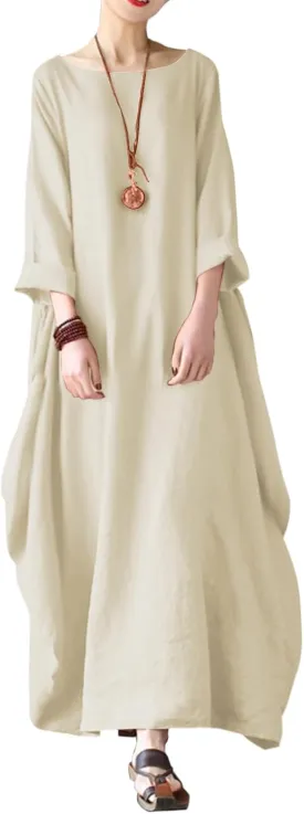 Jacansi Women's Cotton Linen Dress with Pocket Oversized Loose Dress Kaftan Dress