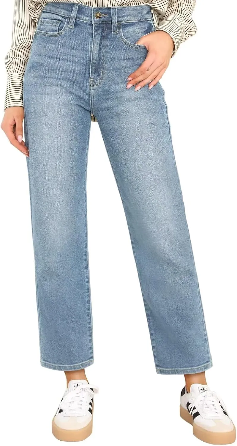 KDF Women's Cropped Straight Leg Jeans - High Waisted Jeans for Women 7/8 Length Denim Pants with Crop Hem