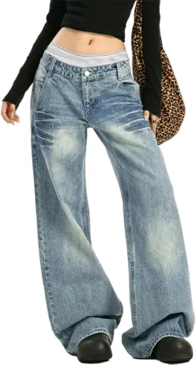 Low Rise Baggy Jeans for Women Wide Leg Y2k Boyfriend Jeans Vintage Washed Loose Fit Mom Denim Pants Streetwear