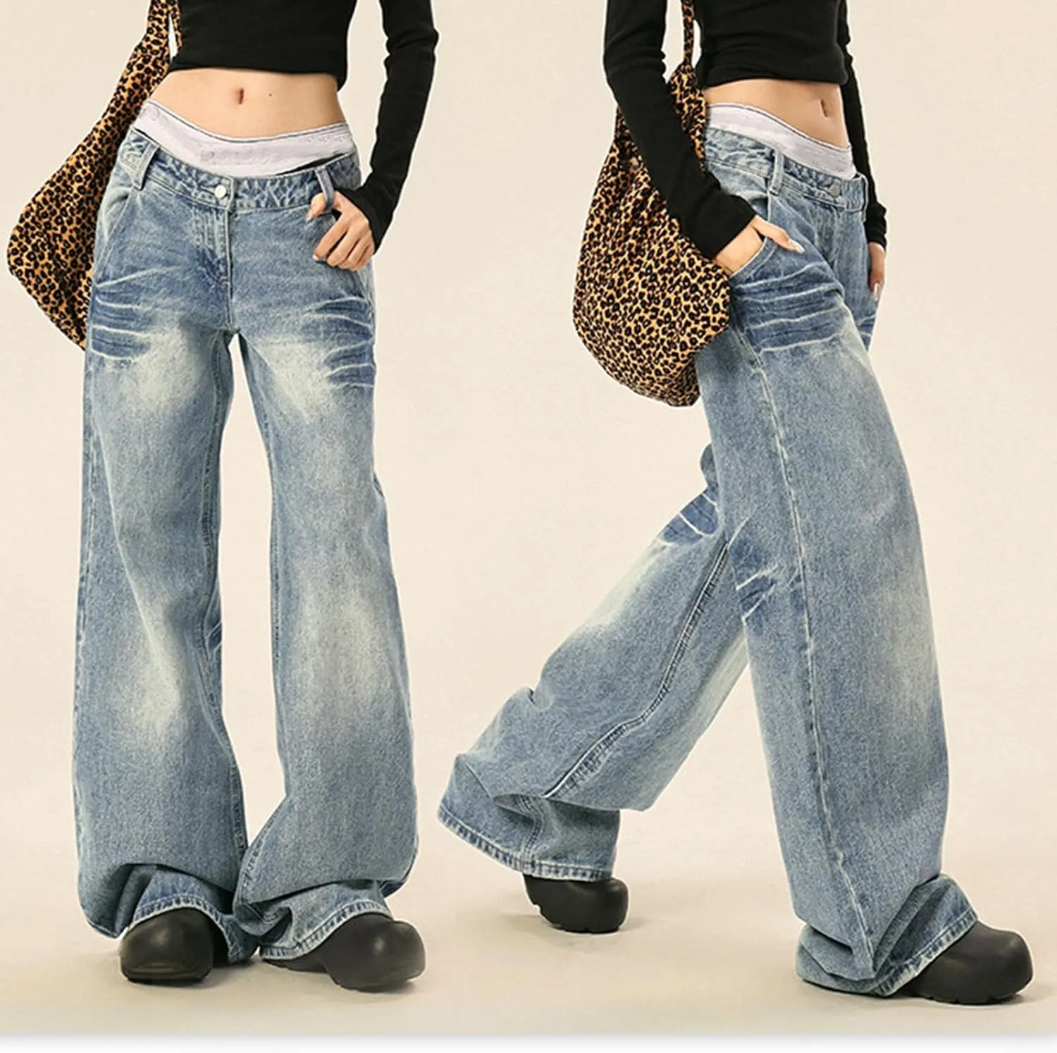 Low Rise Baggy Jeans for Women Wide Leg Y2k Boyfriend Jeans Vintage Washed Loose Fit Mom Denim Pants Streetwear