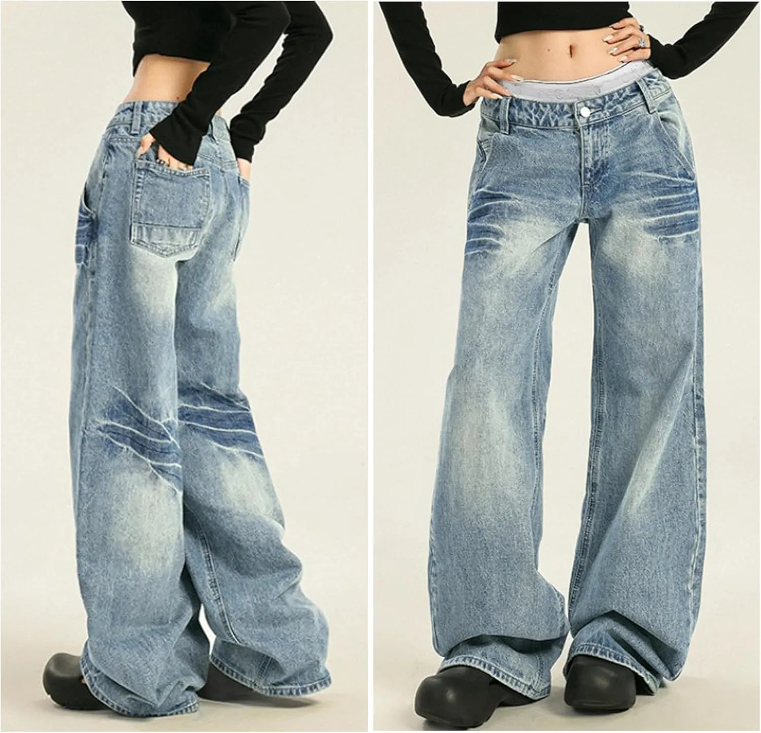 Low Rise Baggy Jeans for Women Wide Leg Y2k Boyfriend Jeans Vintage Washed Loose Fit Mom Denim Pants Streetwear