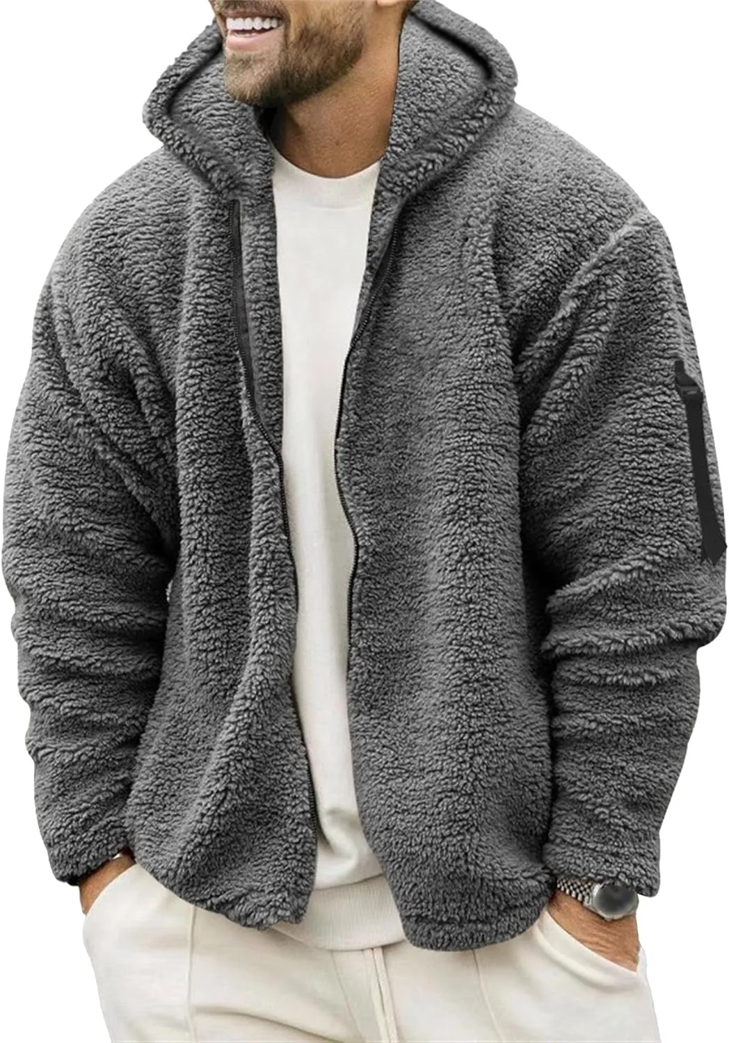 Men's Winter Plush Hooded Jackets Fleece Long Sleeve Full-Zip Hoodie Zipper Casual Outerwear with Pockets