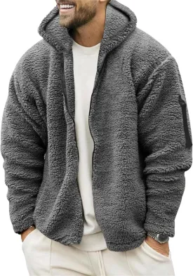 Men's Winter Plush Hooded Jackets Fleece Long Sleeve Full-Zip Hoodie Zipper Casual Outerwear with Pockets