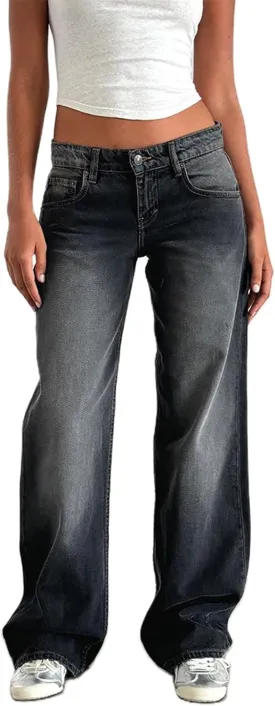 Mxiqqpltky Low Rise Jeans for Women Mom Jeans Wide Straight Leg Baggy Jeans Y2k Vintage Boyfriend Denim Pants Streetwear