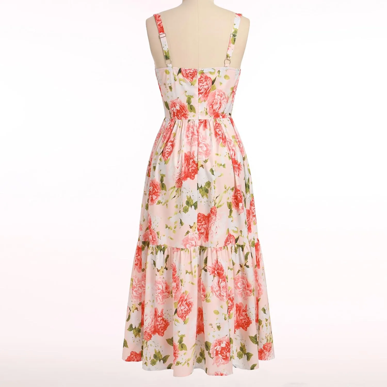 OBEEII Womens Summer Dress Boho Floral Corset Dress Spaghetti Straps Bustier Midi Dress Tiered Flowy Pocket Sundress Dress