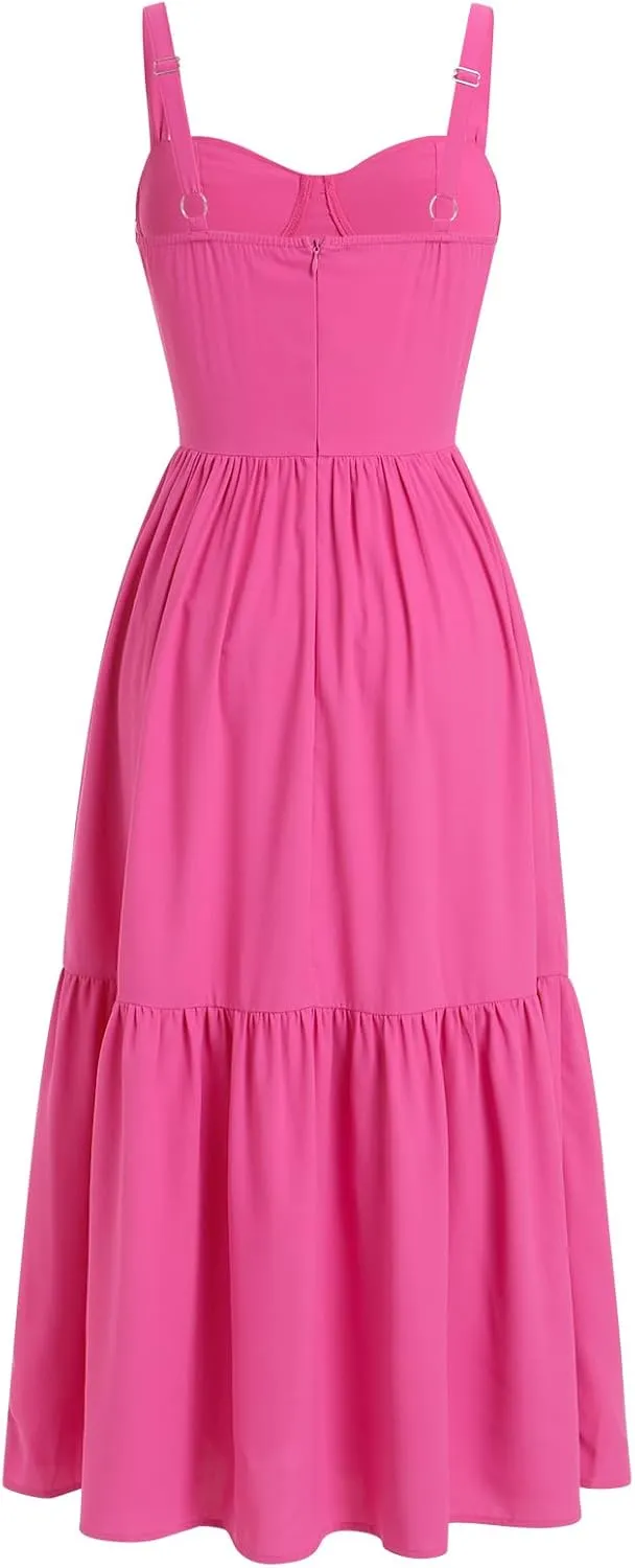 OBEEII Womens Summer Dress Boho Floral Corset Dress Spaghetti Straps Bustier Midi Dress Tiered Flowy Pocket Sundress Dress