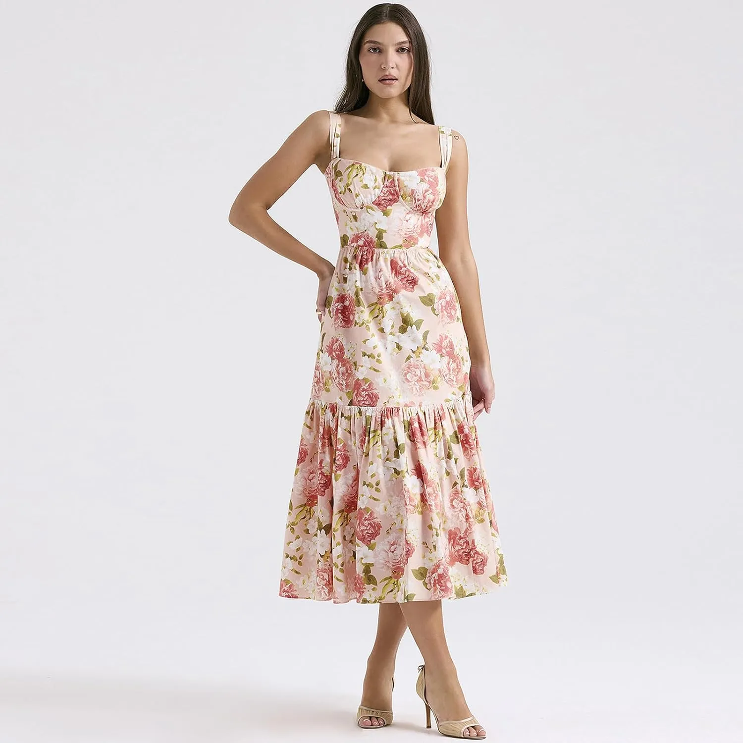 OBEEII Womens Summer Dress Boho Floral Corset Dress Spaghetti Straps Bustier Midi Dress Tiered Flowy Pocket Sundress Dress