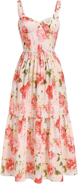 OBEEII Womens Summer Dress Boho Floral Corset Dress Spaghetti Straps Bustier Midi Dress Tiered Flowy Pocket Sundress Dress