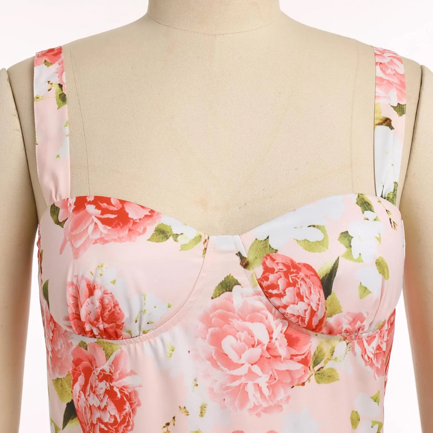 OBEEII Womens Summer Dress Boho Floral Corset Dress Spaghetti Straps Bustier Midi Dress Tiered Flowy Pocket Sundress Dress