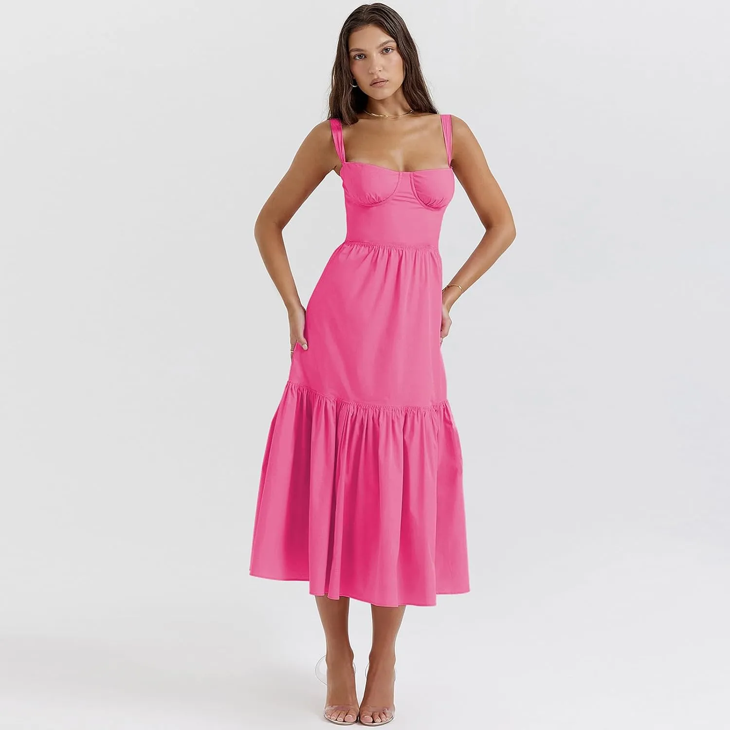OBEEII Womens Summer Dress Boho Floral Corset Dress Spaghetti Straps Bustier Midi Dress Tiered Flowy Pocket Sundress Dress