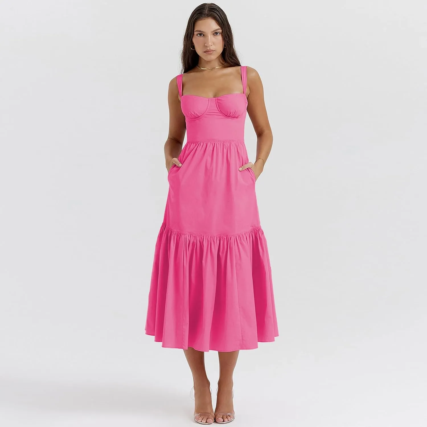 OBEEII Womens Summer Dress Boho Floral Corset Dress Spaghetti Straps Bustier Midi Dress Tiered Flowy Pocket Sundress Dress