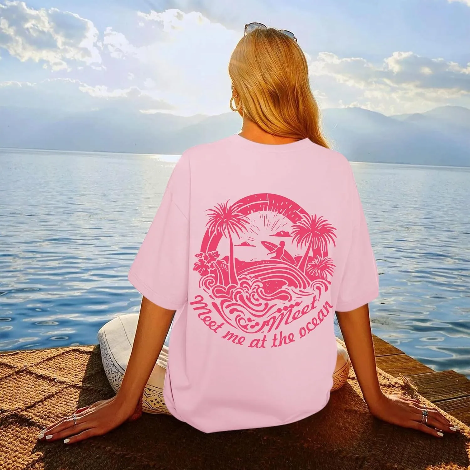 Oversized Graphic Tees for Women Hawaiian Beach Palm Tree Shirt Cute Vacation T Shirts Teens Summer Short Sleeve Top
