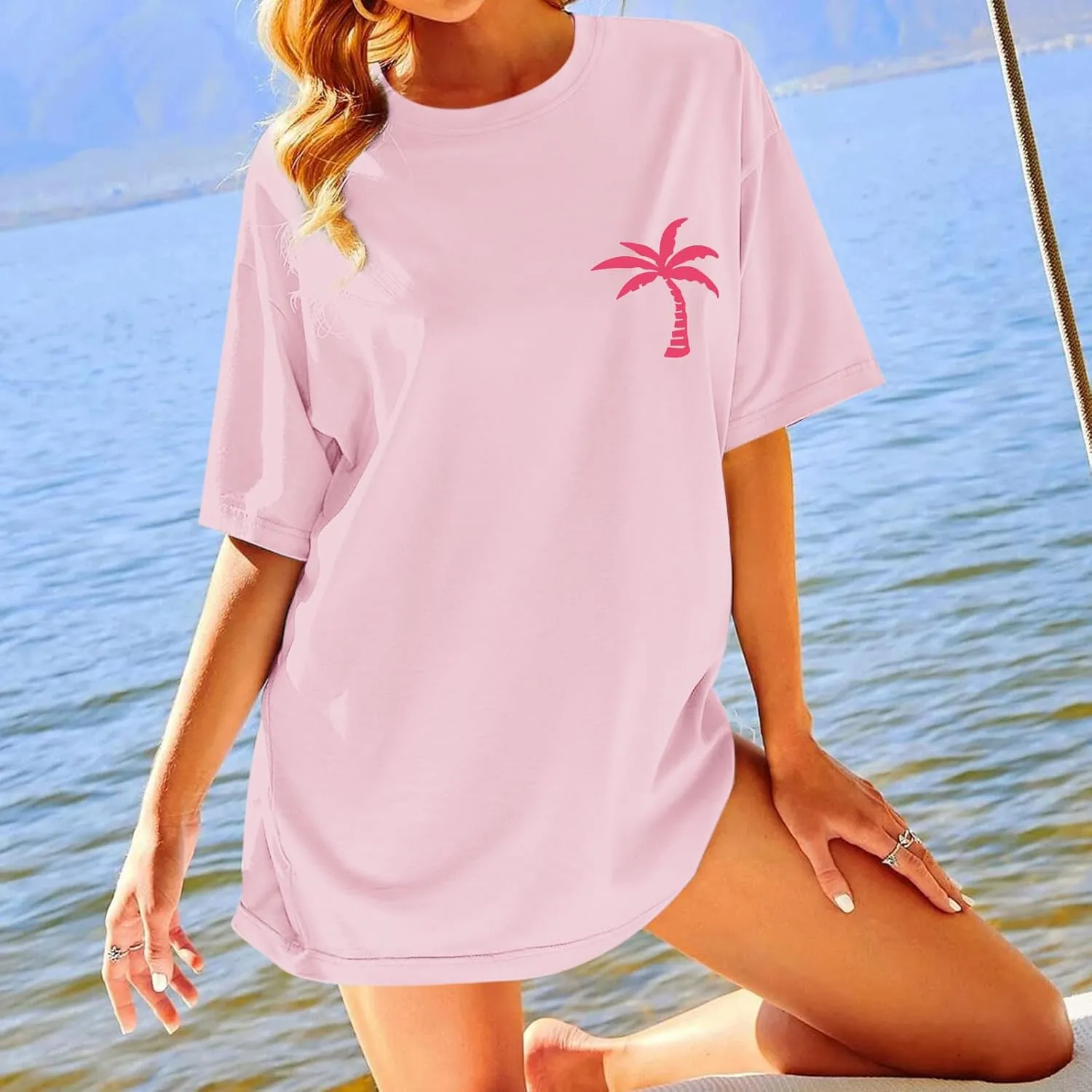 Oversized Graphic Tees for Women Hawaiian Beach Palm Tree Shirt Cute Vacation T Shirts Teens Summer Short Sleeve Top
