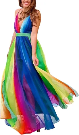 Rainbow Summer Dresses for Women Cami Spagehtti Strap Chiffon Sundress Sexy V Neck Backless Swing Maxi Dress