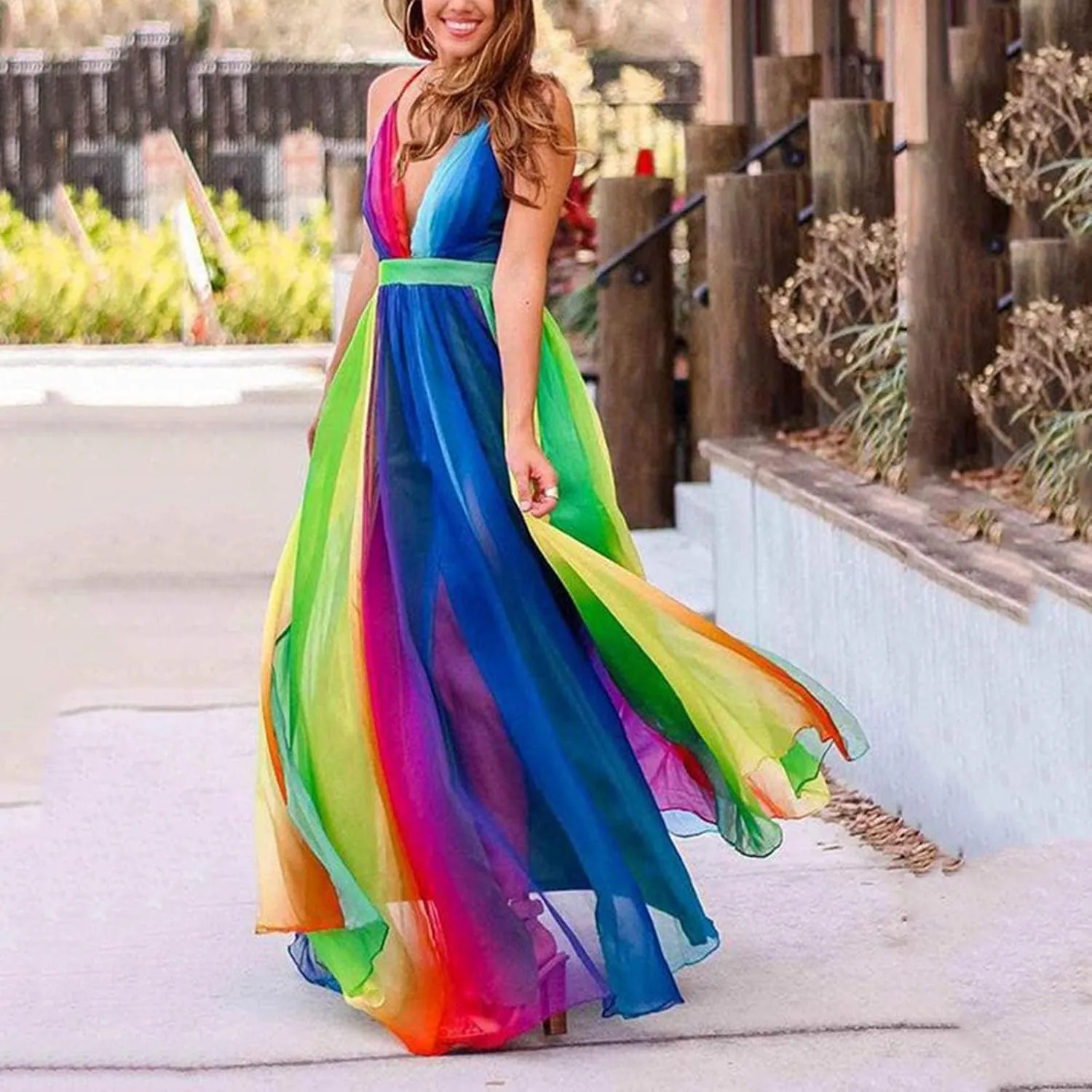 Rainbow Summer Dresses for Women Cami Spagehtti Strap Chiffon Sundress Sexy V Neck Backless Swing Maxi Dress
